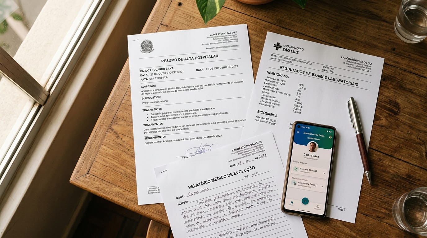 Documentos médicos organizados em mesa incluindo prontuário, laudos e boletim de atendimento hospitalar, representando prova de urgência em plano de saúde.