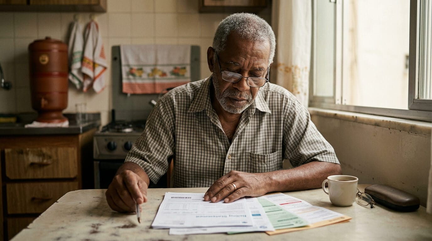 Homem idoso analisa boletos do plano de saúde em mesa de cozinha, com expressão de preocupação — ilustração sobre reajuste abusivo de plano de saúde para idosos.