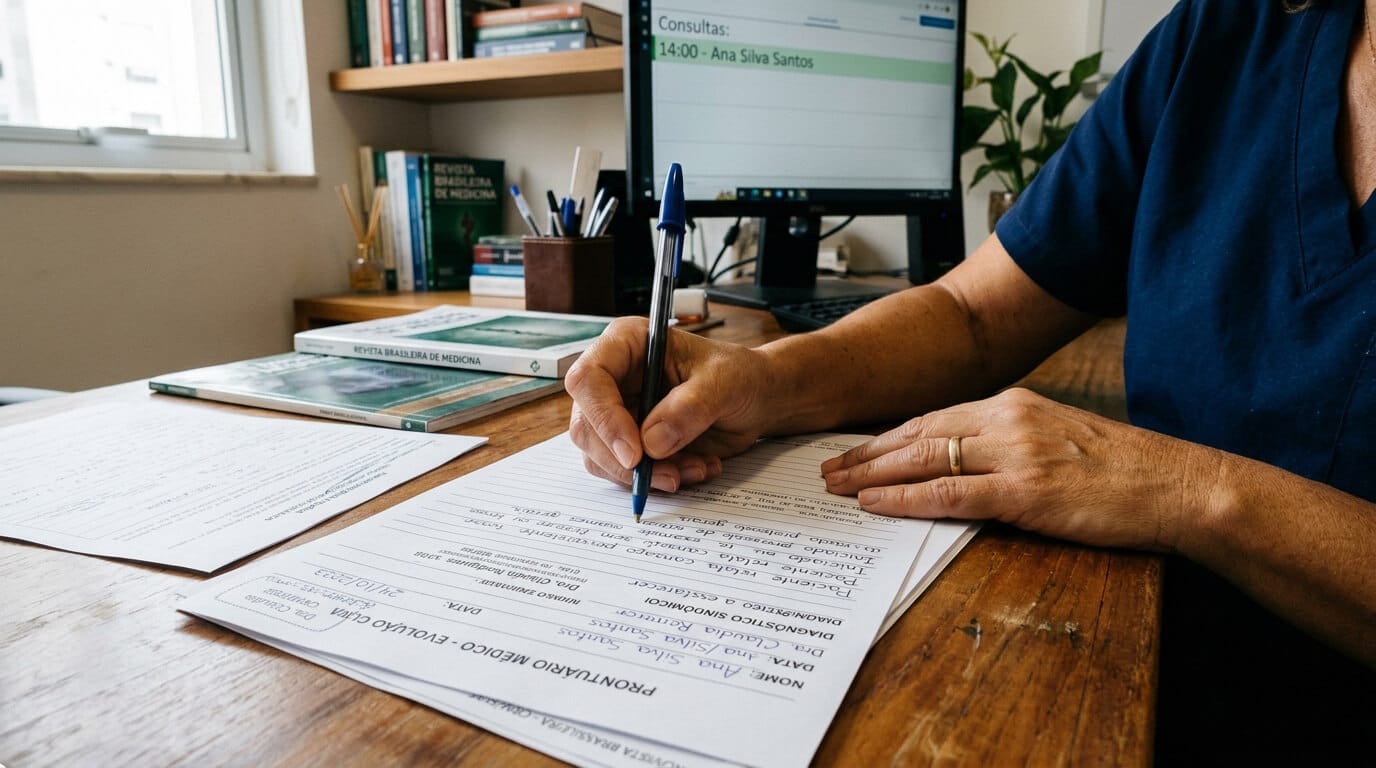 Médico preenchendo laudo médico detalhado, documento essencial para comprovar os critérios do STJ e garantir cobertura da bomba de insulina pelo plano.