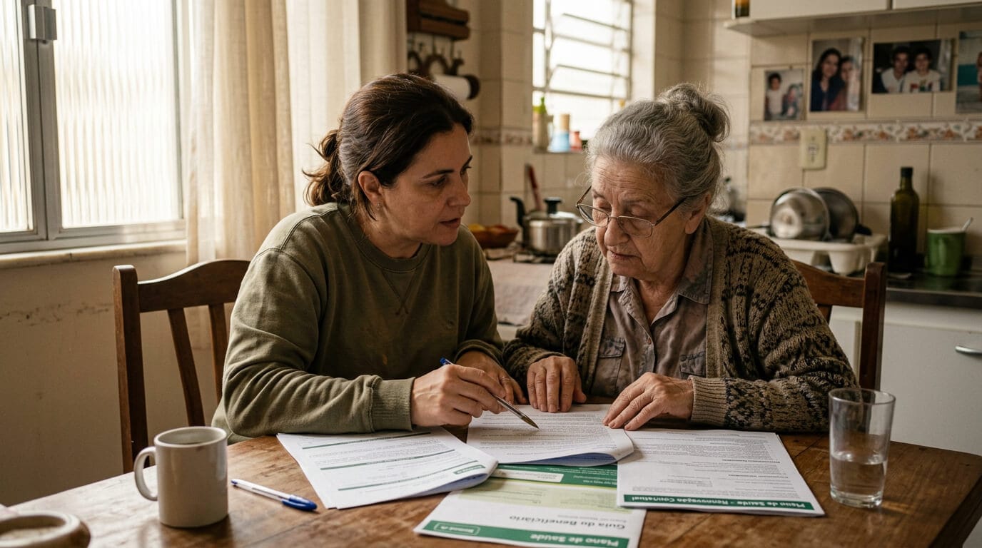 Filha adulta ao lado da mãe idosa, as duas olhando documentos do plano de saúde na mesa de casa
