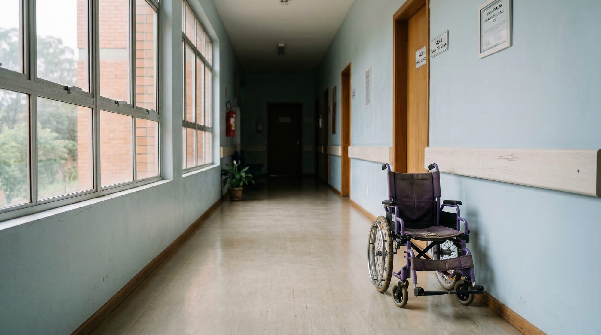 Corredor vazio de clínica de reabilitação após suspensão de atendimentos pelo plano de saúde