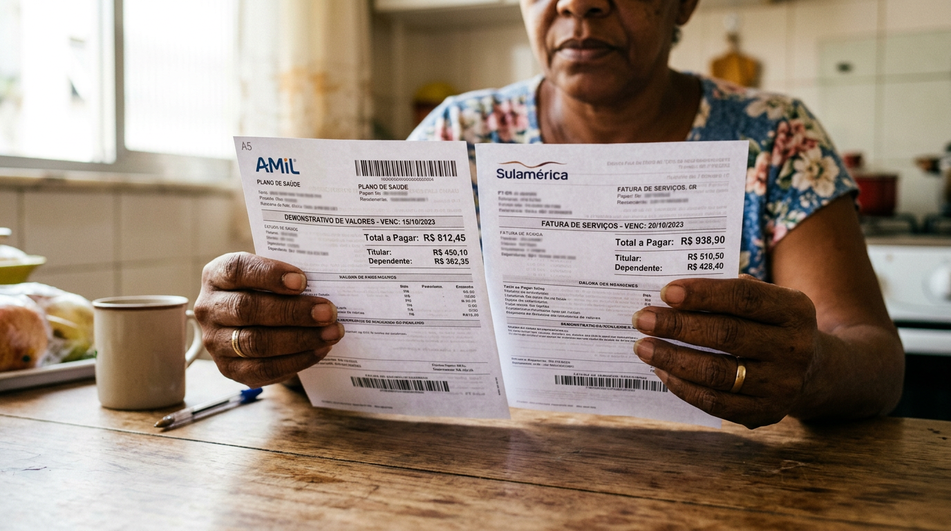 Mãos femininas comparando dois boletos de plano de saúde com valores diferentes. Ilustração para artigo sobre reajuste abusivo.