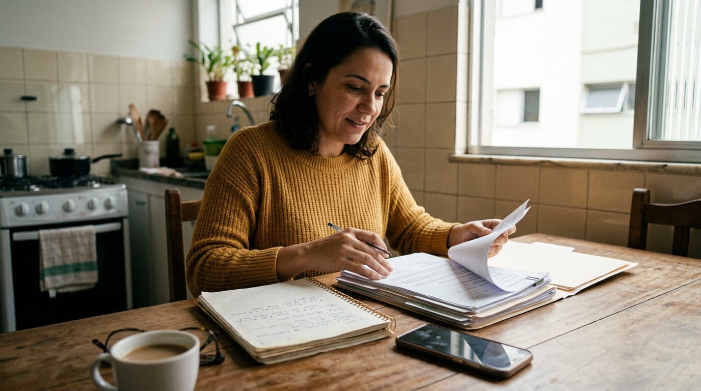 Mãe organiza documentos médicos e relatórios de terapia para recorrer ao plano de saúde por limitação de sessões de terapia para filho autista.