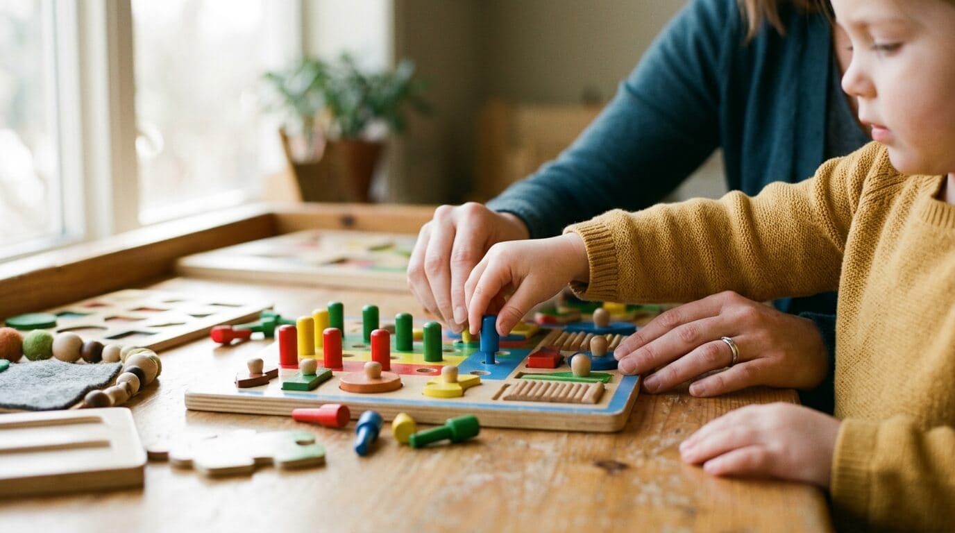 Mãos de criança em atividade terapêutica guiada por terapeuta especializado em autismo, ilustrando cobertura obrigatória de terapias para TEA pelo plano de saúde.