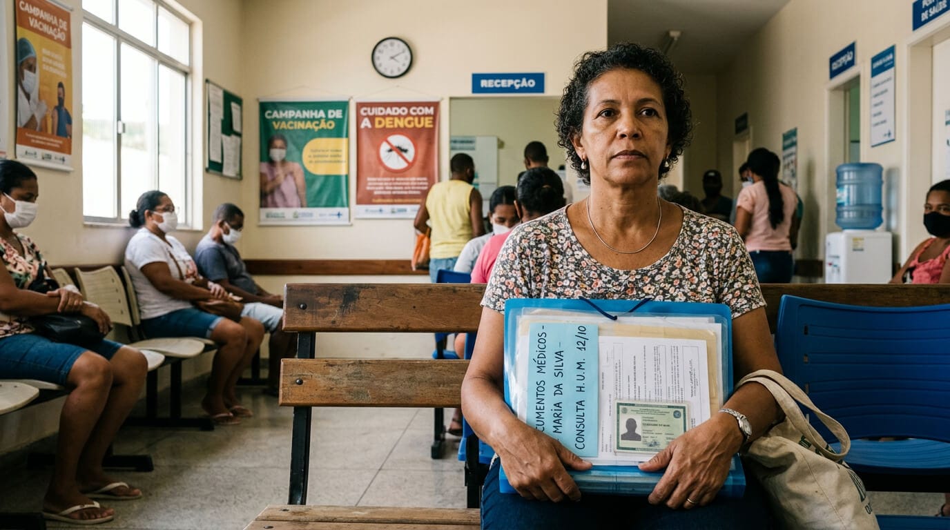 Paciente aguardando atendimento em unidade de saúde com documentos