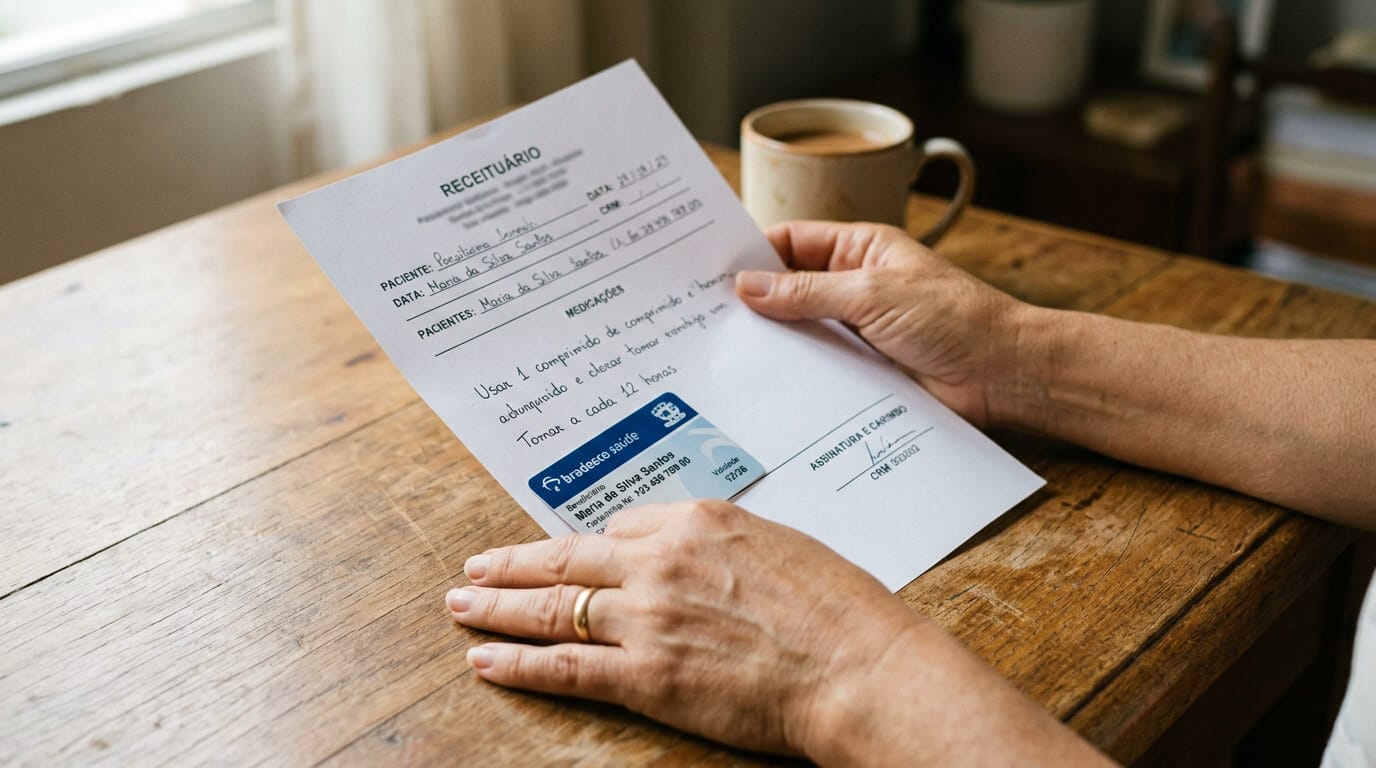 Mãos segurando prescrição médica e cartão de plano de saúde sobre mesa, ilustrando paciente oncológico buscando cobertura negada pelo convênio.