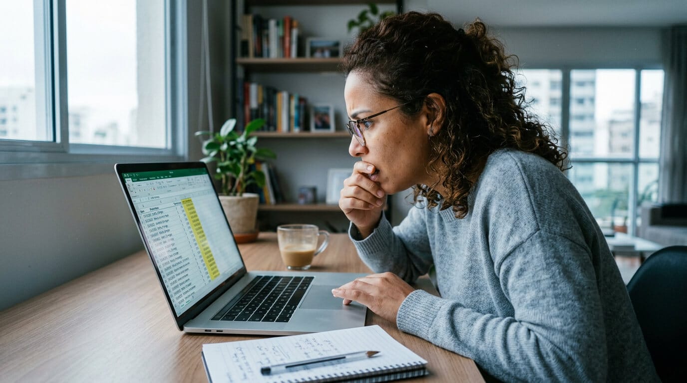 Mulher empreendedora olha para planilha no computador percebendo cobrança indevida — ilustração sobre falso coletivo e reajuste abusivo em plano de saúde empresarial.