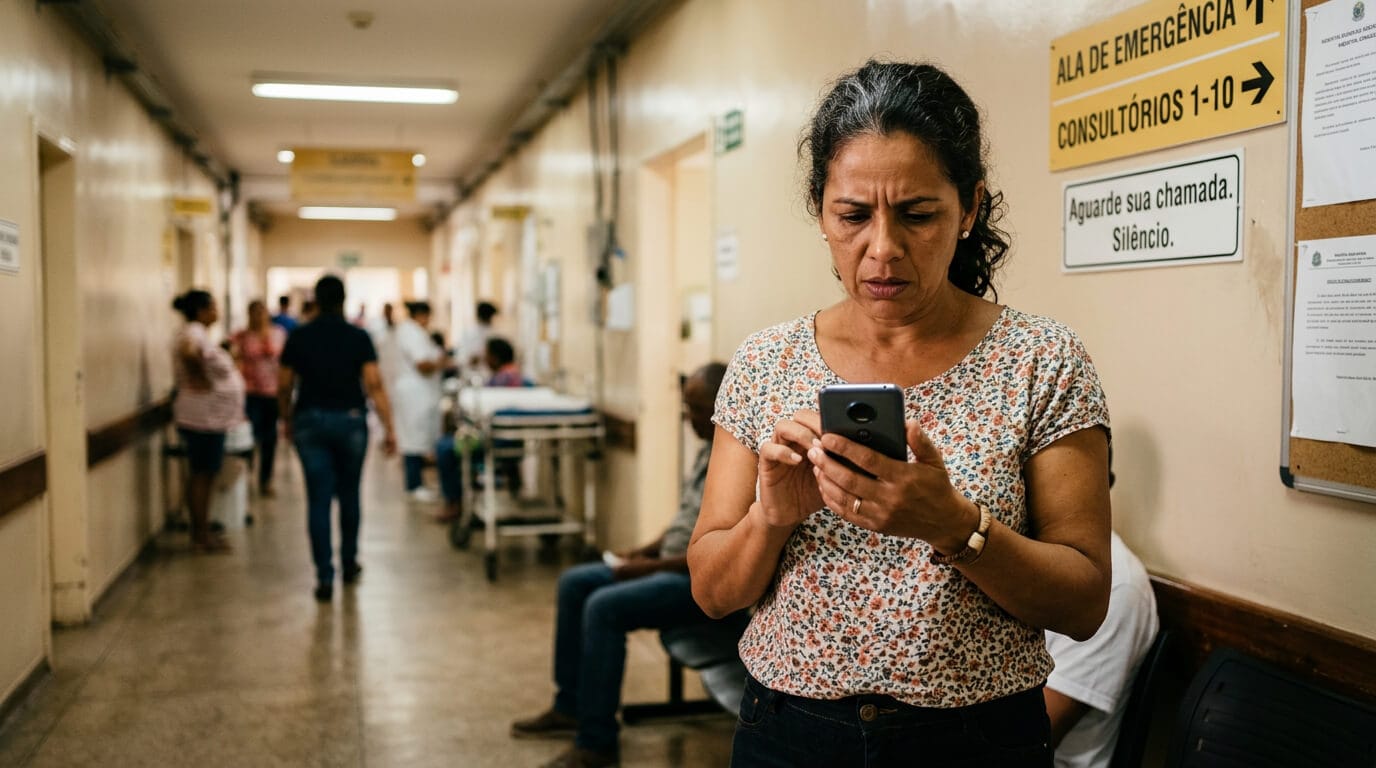 Pessoa em corredor de hospital consultando o celular, representando a busca por solução após cancelamento indevido de plano de saúde.