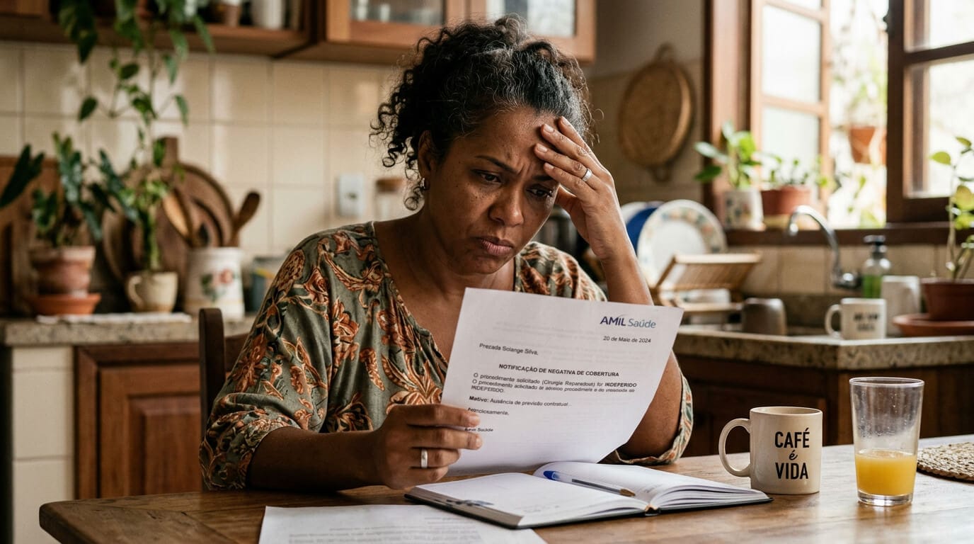 Segurada lendo carta de negativa do plano de saúde