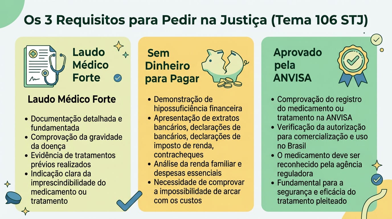 Infográfico mostrando os três requisitos do Tema 106 do STJ para obtenção judicial de medicamentos não fornecidos pelo SUS.