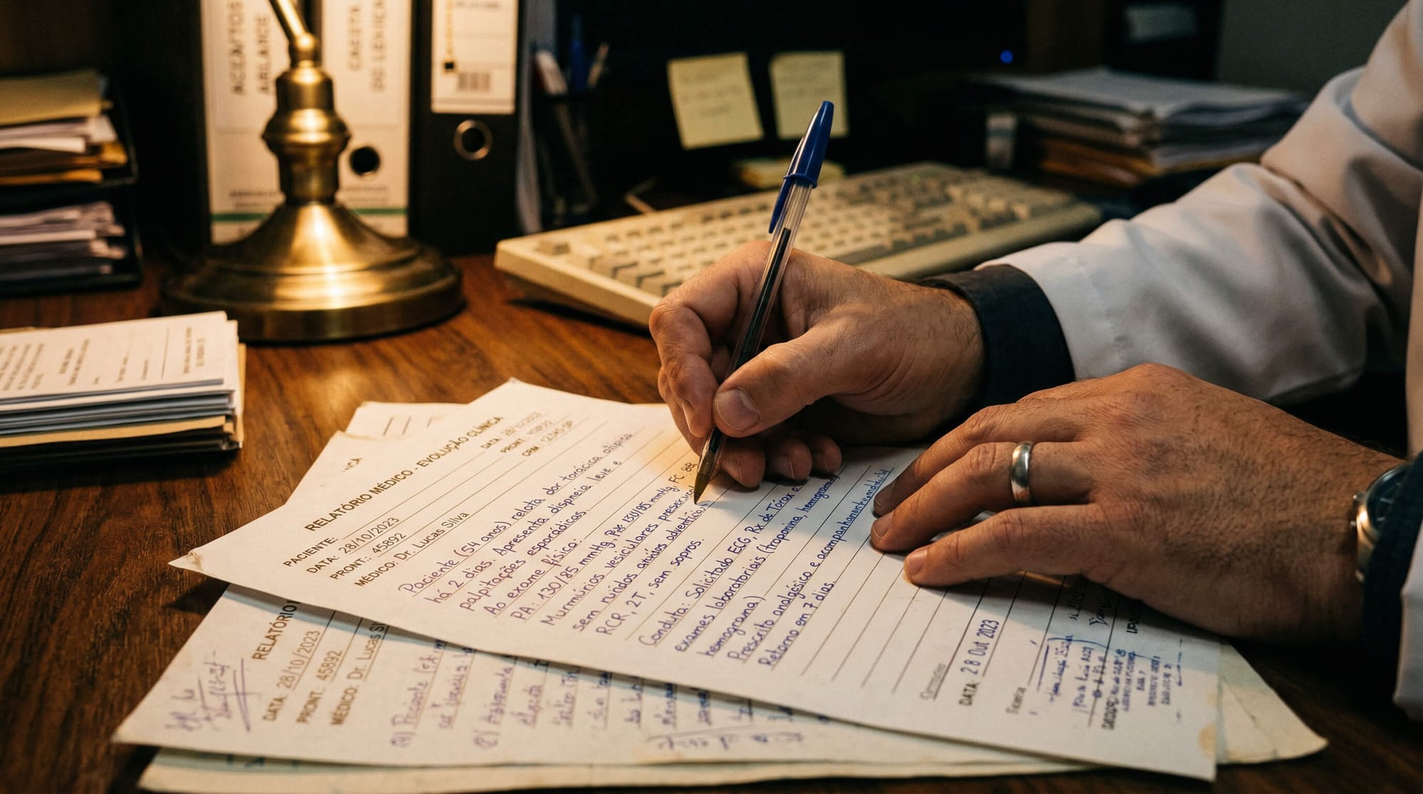 Médico escrevendo laudo médico detalhado, representando a importância da documentação clínica individualizada para ações judiciais de medicamento de alto custo pelo Tema 1234.
