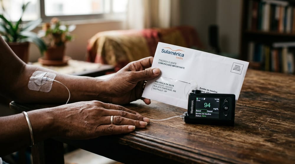 Pessoa com diabetes verificando dispositivo de infusão de insulina, representando o direito à cobertura pelo plano de saúde após decisão do STJ.