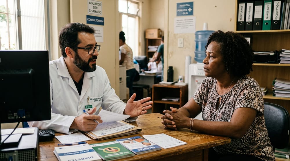 Paciente em consulta médica recebendo explicação detalhada do médico, ilustrando o direito ao consentimento informado previsto no Estatuto dos Direitos do Paciente.