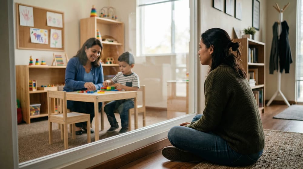 Mãe observa filho autista em sessão de terapia através de janela de sala terapêutica, representando cobertura de terapia para TEA garantida pelo STJ.