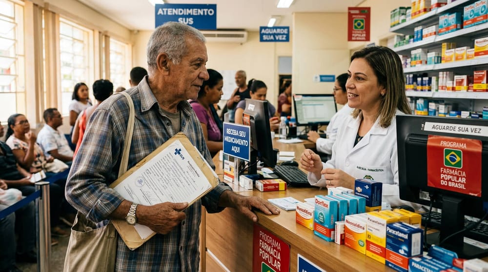 Pessoa mais velha em farmácia pública segurando receita e documentos para solicitar medicamento de alto custo pelo SUS.