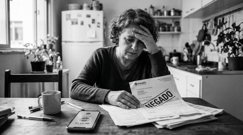 Paciente angustiada lendo carta de negativa de cirurgia do plano de saúde na mesa de casa.