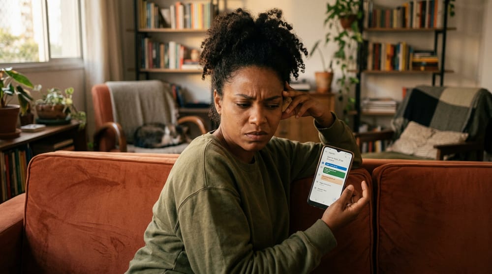 Pessoa aguardando resposta do plano de saúde com expressão de frustração, representando descumprimento de prazo de atendimento.