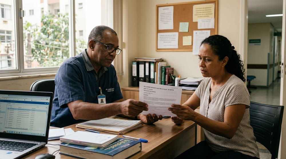 Paciente recebendo carta de negativa do plano de saúde com expressão preocupada, representando negativa de cobertura de tratamento fora do rol da ANS.