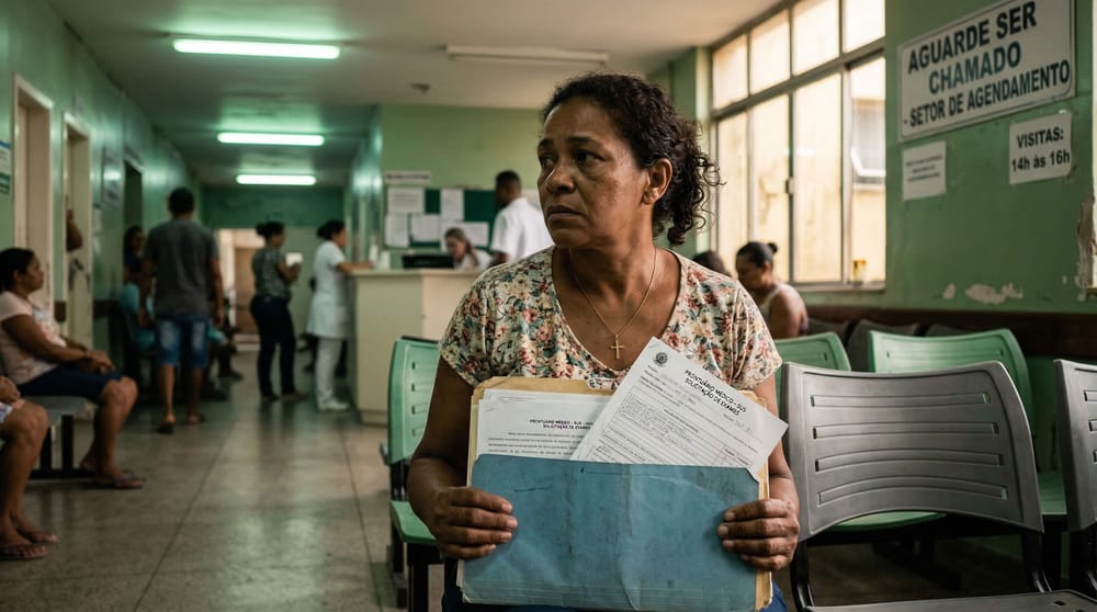 Mulher de meia-idade esperando em corredor de hospital público com documentos no colo. Contexto de artigo sobre fila no SUS e judicialização da saúde.