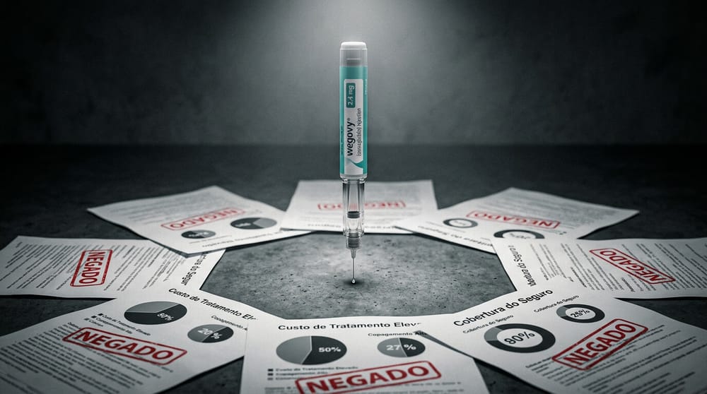 Caneta aplicadora de Wegovy iluminada representando o debate sobre fornecimento do medicamento para obesidade pelo SUS.