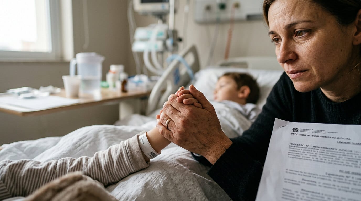 Mãe segurando a mão de criança internada em hospital enquanto segura documento judicial relacionado a tratamento negado por plano de saúde.