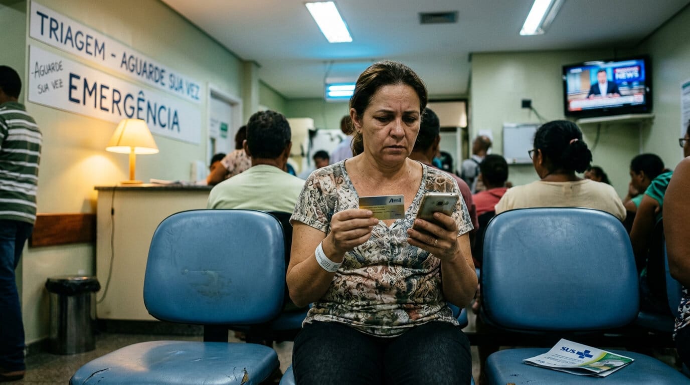 Paciente em sala de emergência hospitalar segurando cartão de plano de saúde, expressão de preocupação, representando situação de carência em urgência.