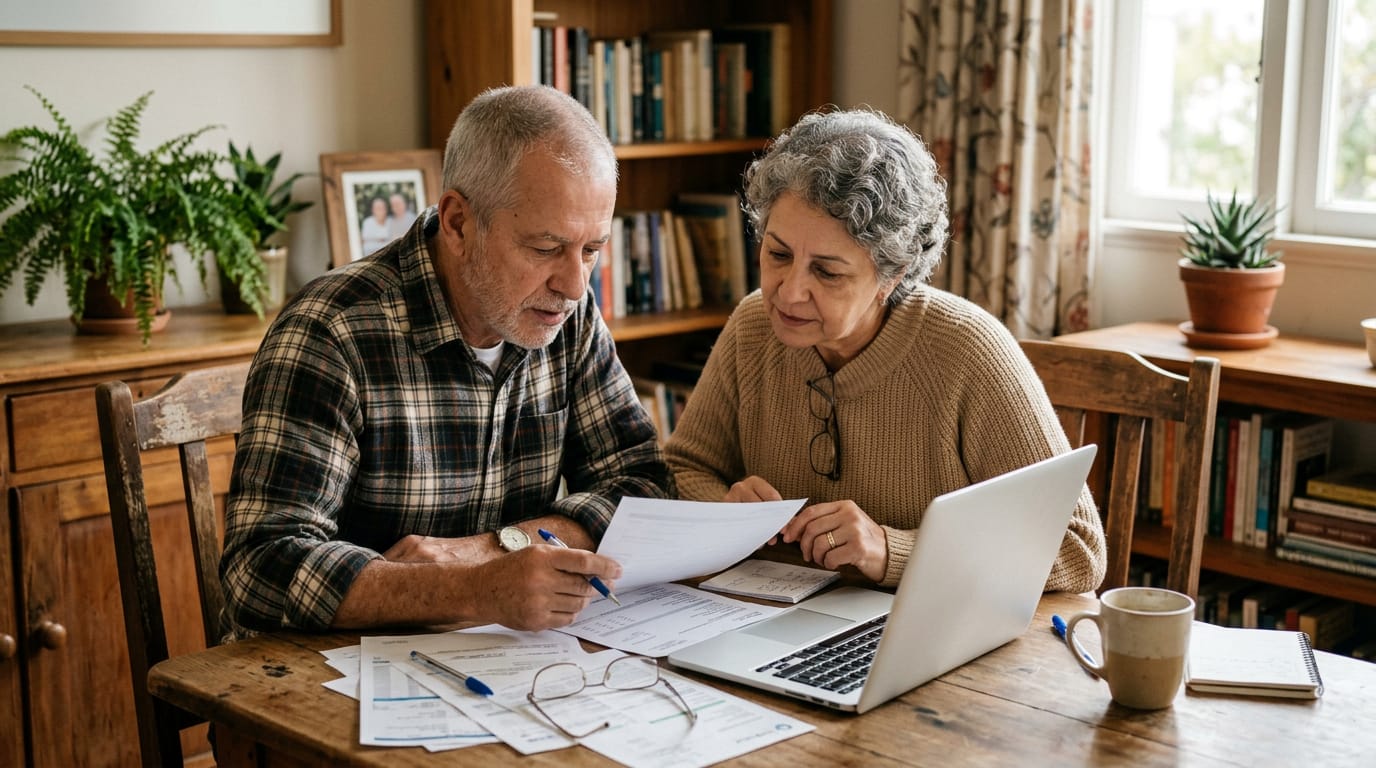 Casal de idosos sentado à mesa de casa analisando contas e documentos do plano de saúde após reajuste por faixa etária.