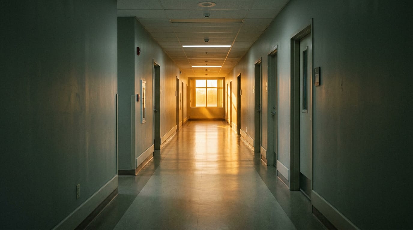 Corredor hospitalar vazio com luz natural dourada e quente ao fundo, contraste com sombra fria no primeiro plano.