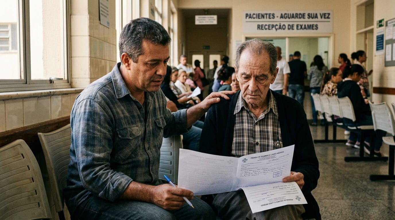 Filho adulto ao lado do pai idoso em sala de espera hospitalar, olhando documentos do plano de saúde, representando familiar ajudando idoso a entender seus direitos.