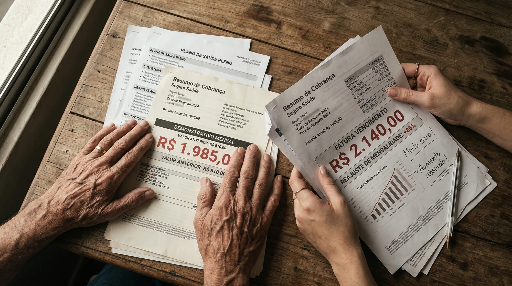 Mãos de pessoa idosa e adulta segurando boletos de plano de saúde com valores elevados, representação do reajuste abusivo que afeta beneficiários idosos e empreendedores com plano coletivo.
