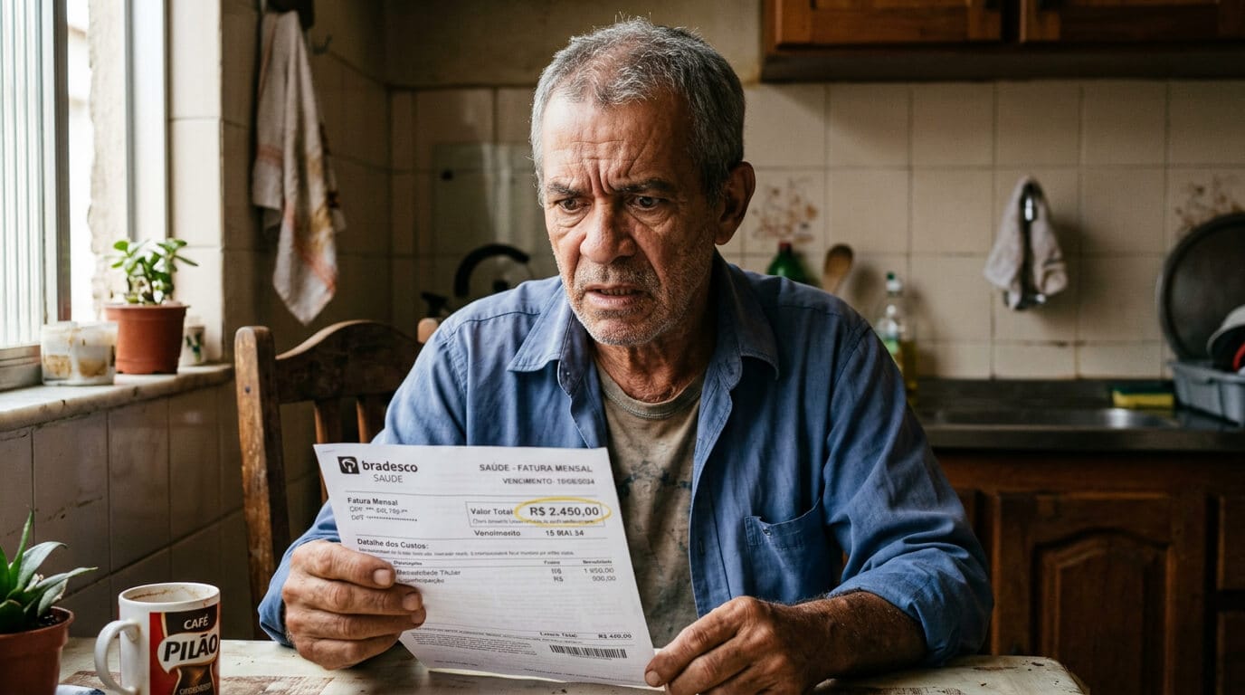 Homem mais velho olhando com preocupação para um boleto do plano de saúde, sentado em sua cozinha. Contexto de artigo sobre reajuste abusivo de plano de saúde.