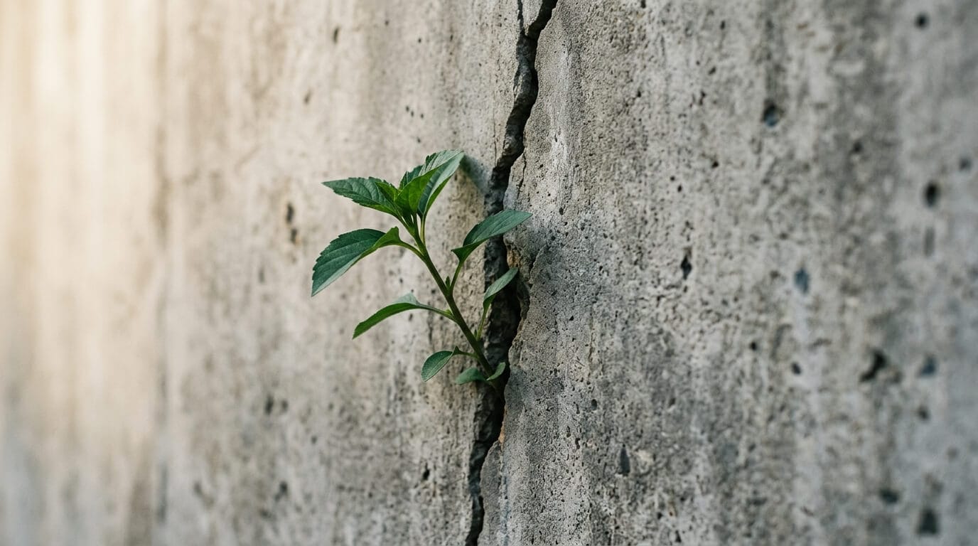 Planta verde crescendo por fresta no concreto cinza, com luz natural lateral suave.