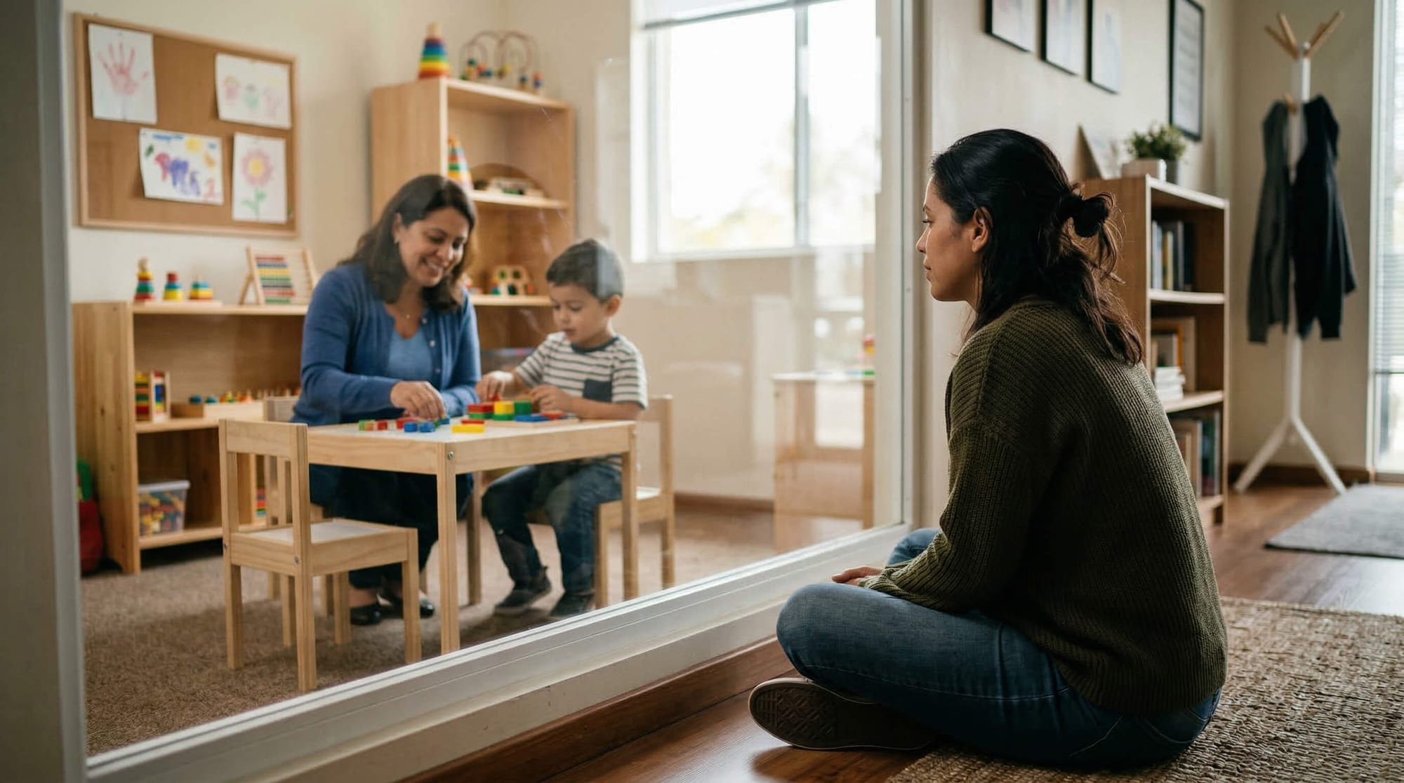 Mãe observa filho autista em sessão de terapia através de janela de sala terapêutica, representando cobertura de terapia para TEA garantida pelo STJ.