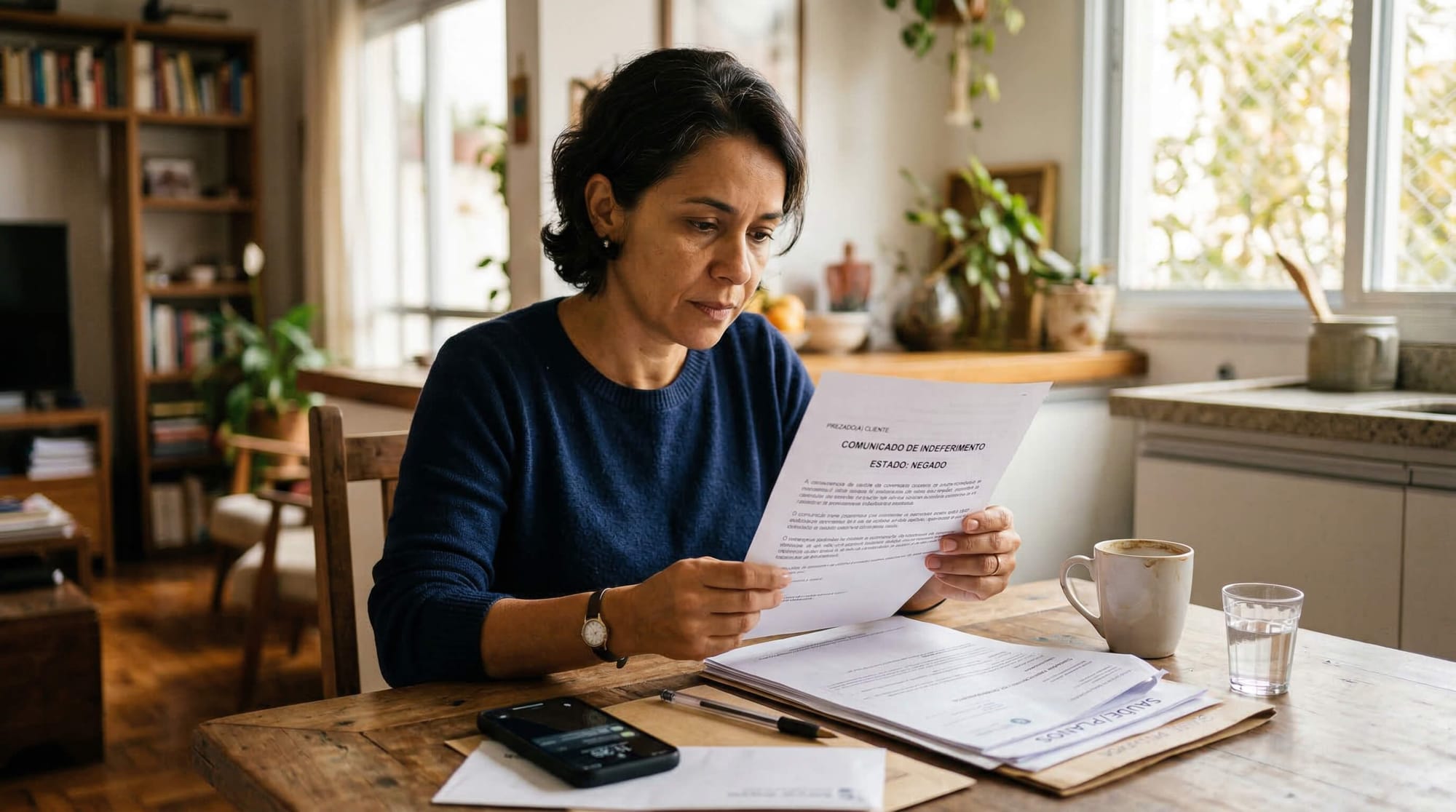 Mulher de meia-idade sentada à mesa de casa, com expressão concentrada e preocupada, lendo atentamente um documento impresso sobre negativa de plano de saúde. 