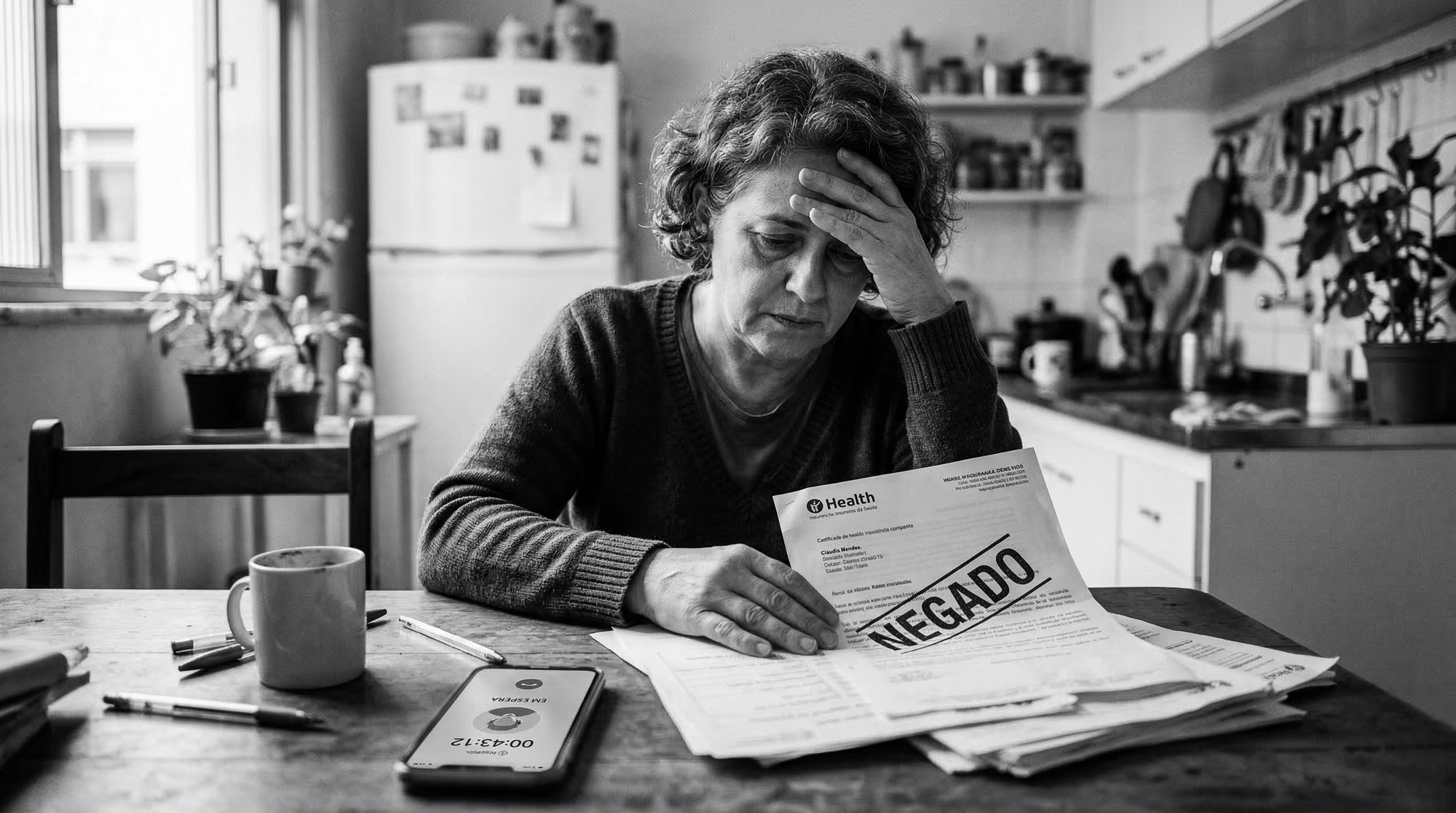 Paciente angustiada lendo carta de negativa de cirurgia do plano de saúde na mesa de casa.