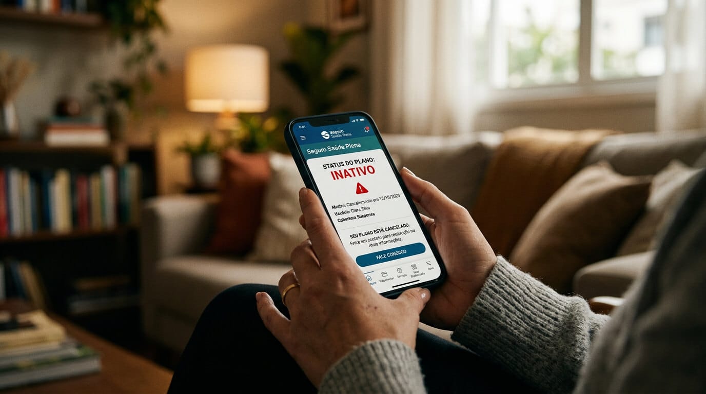 Mulher olhando com expressão de choque para o celular após descobrir que o plano de saúde foi cancelado indevidamente.