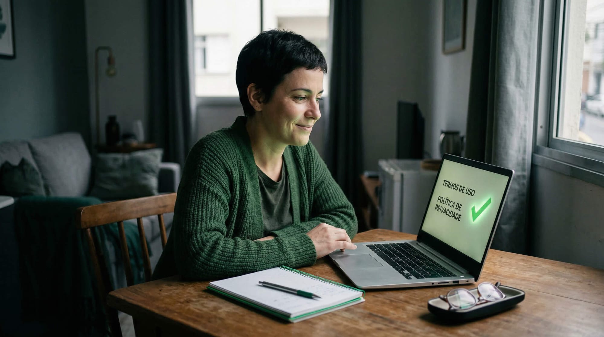 Mulher aliviada lendo a Política de Privacidade do blog no computador com um símbolo de aprovação verde.