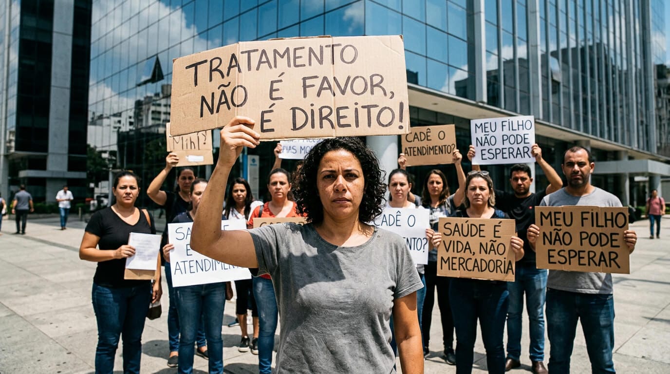 Pais protestando em frente a prédio de plano de saúde com cartazes exigindo continuidade de tratamento para seus filhos.