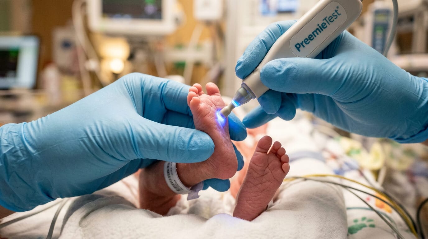 Mão de médico com luva cirúrgica segurando o pé de um bebê prematuro em UTI neonatal