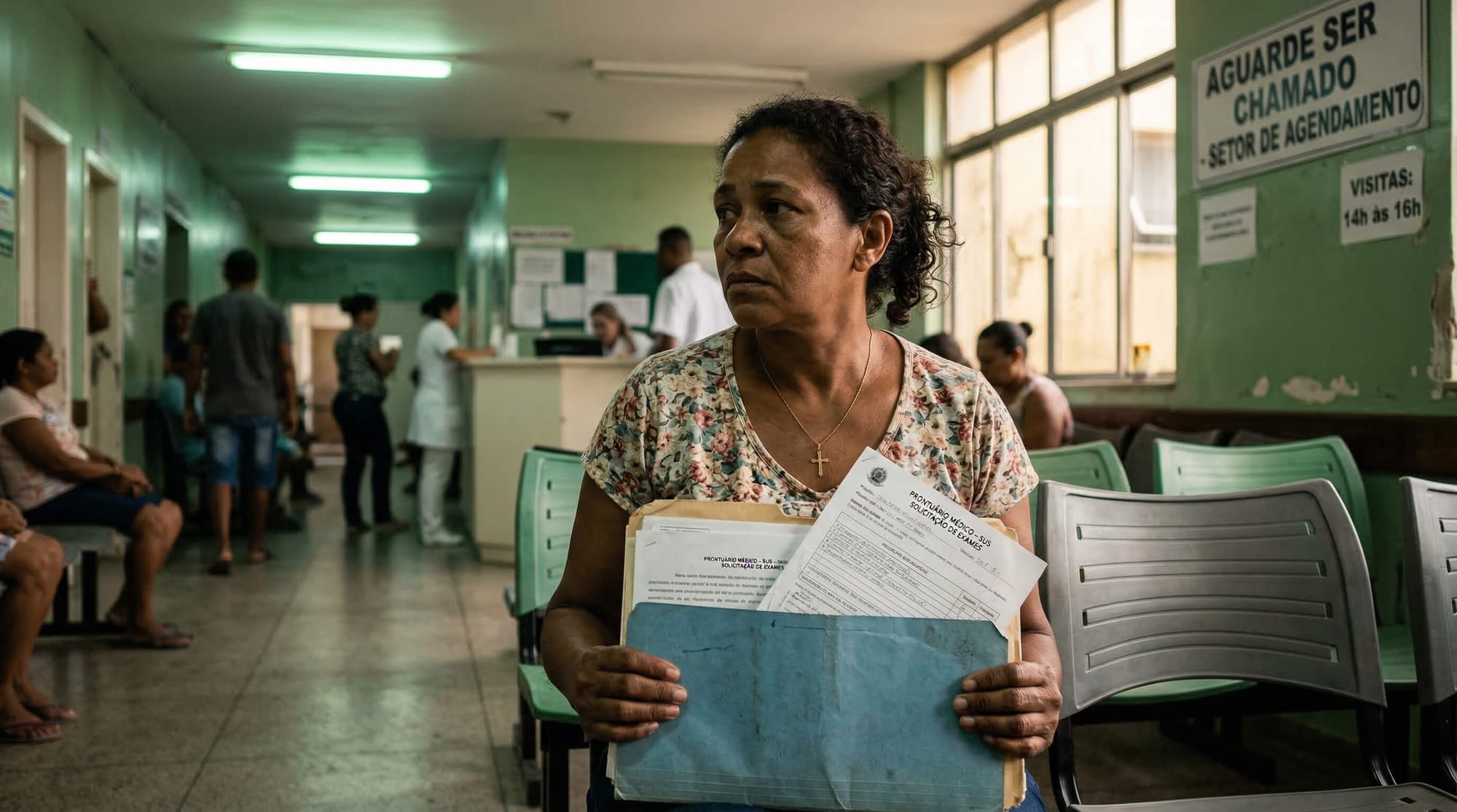 Mulher de meia-idade esperando em corredor de hospital público com documentos no colo. Contexto de artigo sobre fila no SUS e judicialização da saúde.