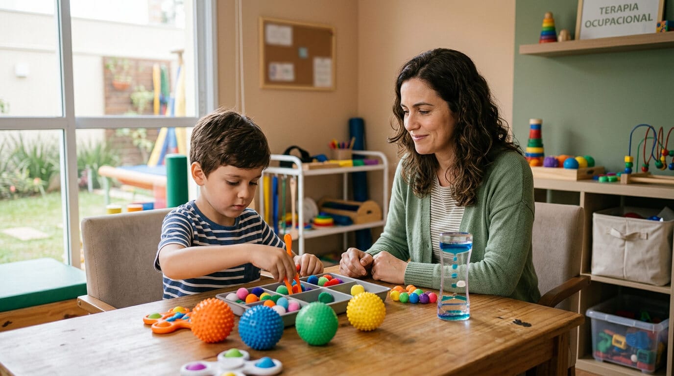 Mãe sentada ao lado do filho em sessão de terapia ocupacional