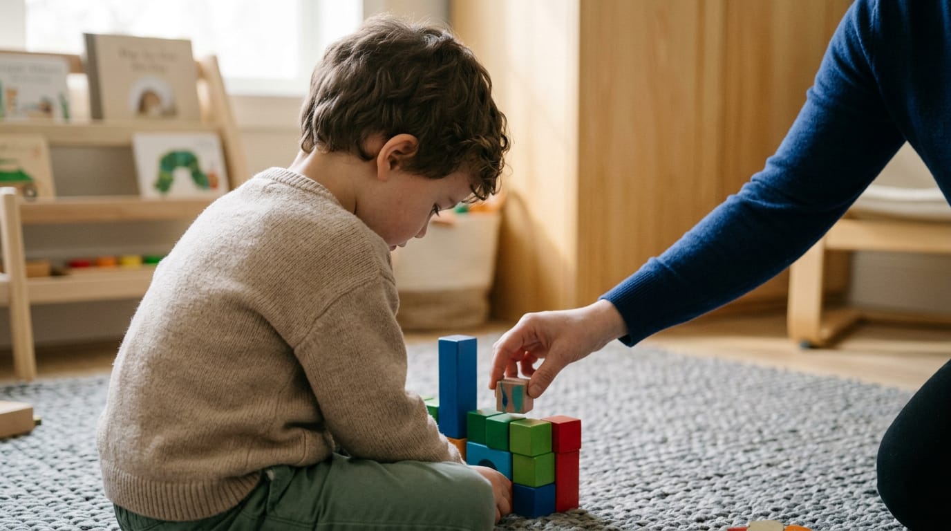 Criança com autismo em sessão de terapia ABA com terapeuta especializada