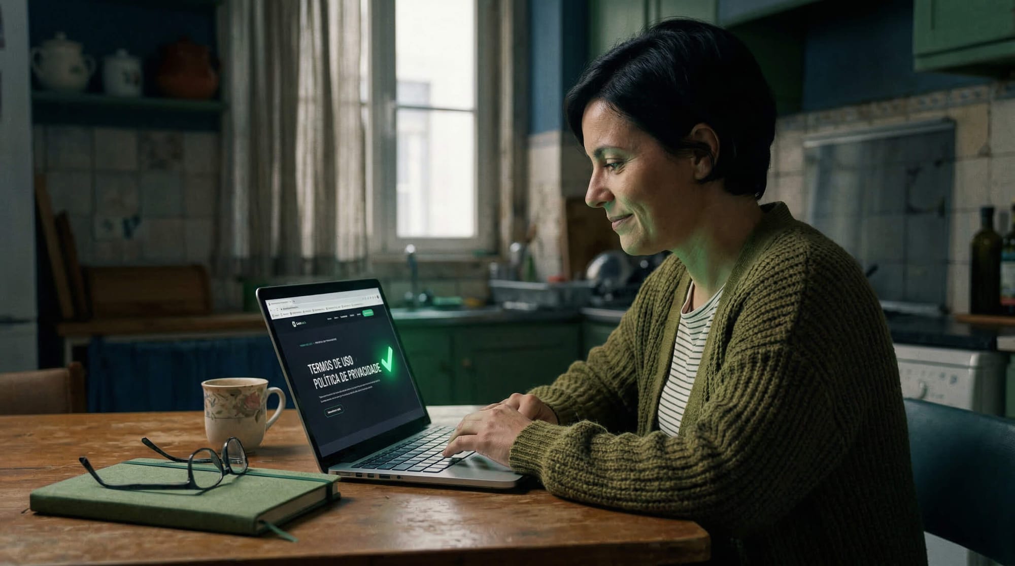 Mulher aliviada lendo os Termos de Uso do portal no computador com um símbolo de aprovação verde.