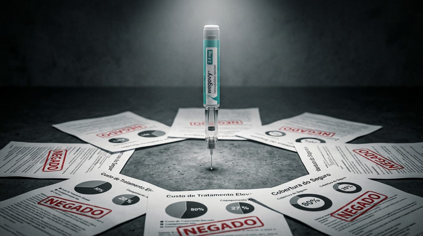 Caneta aplicadora de Wegovy iluminada representando o debate sobre fornecimento do medicamento para obesidade pelo SUS.